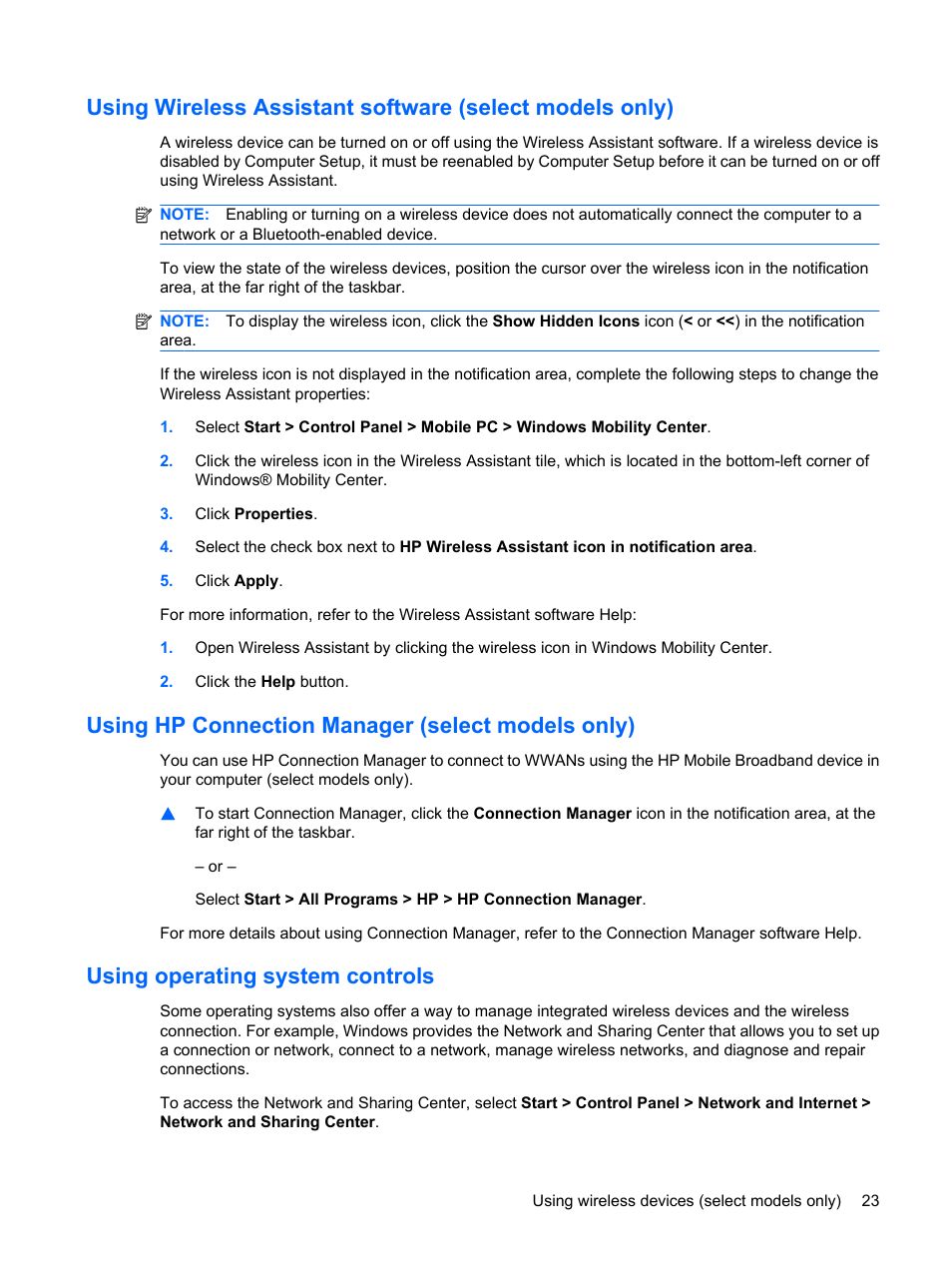 Using hp connection manager (select models only), Using operating system controls | HP ProBook 6555b Notebook-PC User Manual | Page 33 / 176