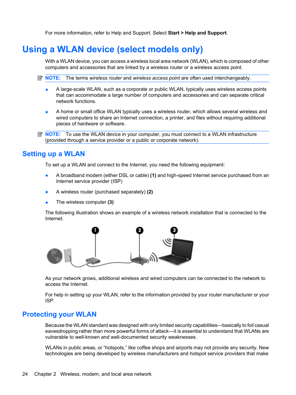 Using a wlan device (select models only), Setting up a wlan, Protecting your wlan | Setting up a wlan protecting your wlan | HP ProBook 6555b Notebook-PC User Manual | Page 34 / 176