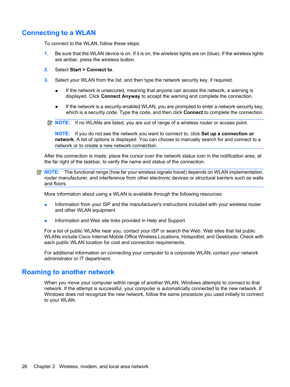 Connecting to a wlan, Roaming to another network, Connecting to a wlan roaming to another network | HP ProBook 6555b Notebook-PC User Manual | Page 36 / 176