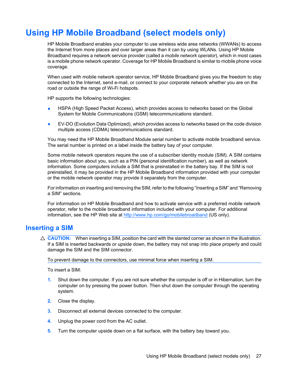 Using hp mobile broadband (select models only), Inserting a sim | HP ProBook 6555b Notebook-PC User Manual | Page 37 / 176