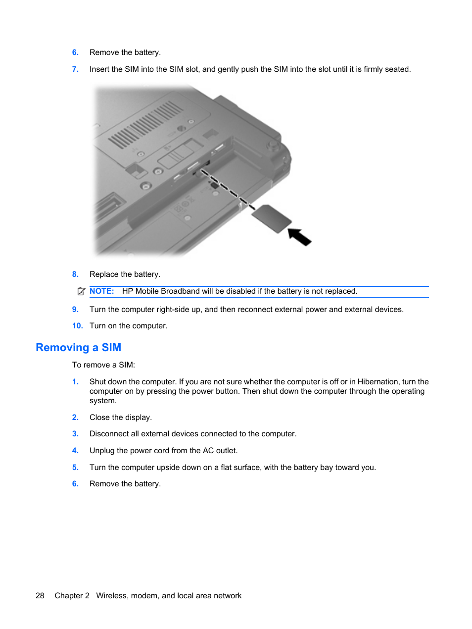 Removing a sim | HP ProBook 6555b Notebook-PC User Manual | Page 38 / 176