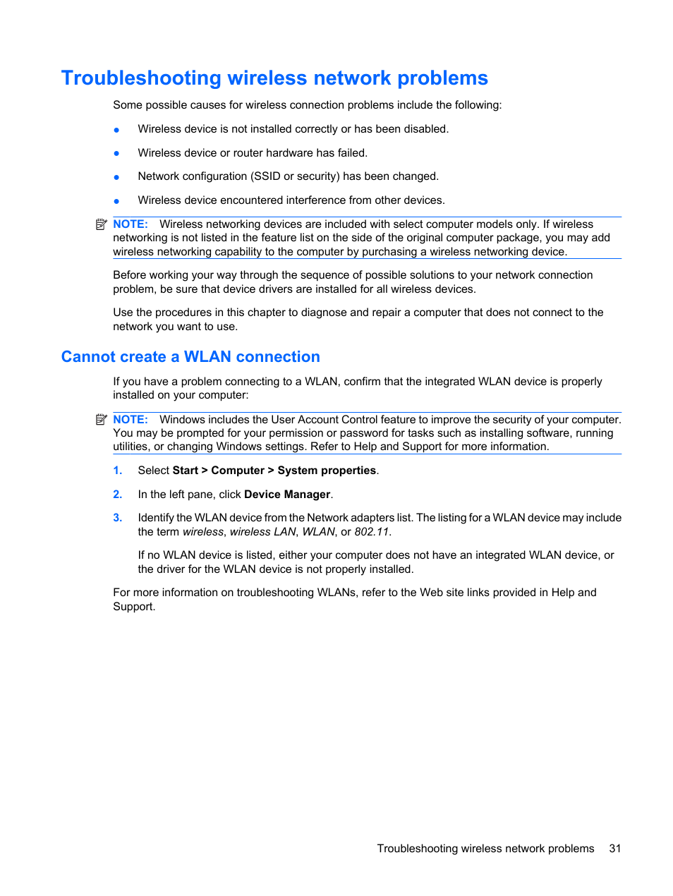 Troubleshooting wireless network problems, Cannot create a wlan connection | HP ProBook 6555b Notebook-PC User Manual | Page 41 / 176