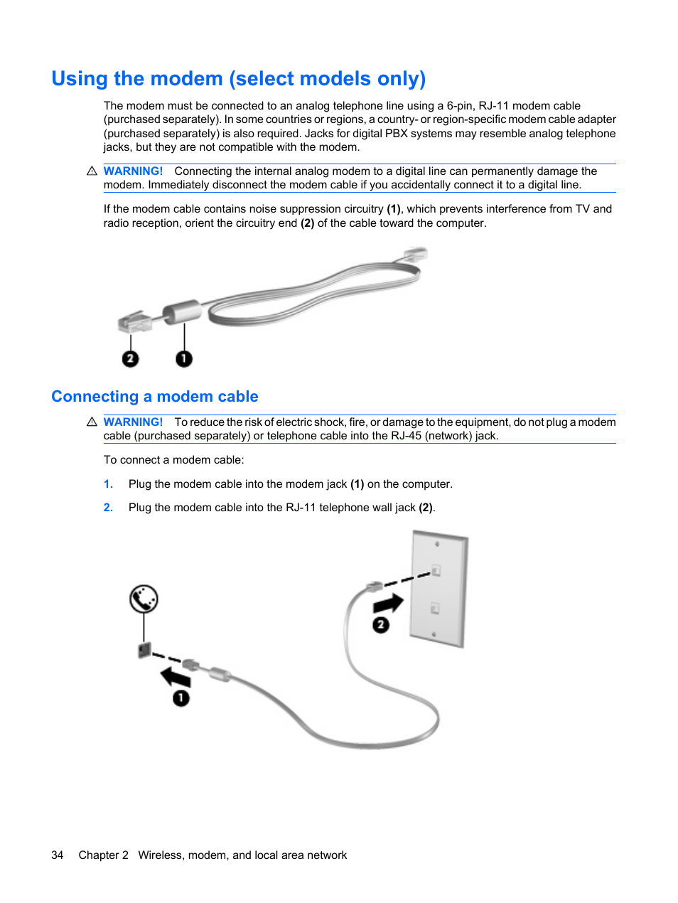 Using the modem (select models only), Connecting a modem cable | HP ProBook 6555b Notebook-PC User Manual | Page 44 / 176