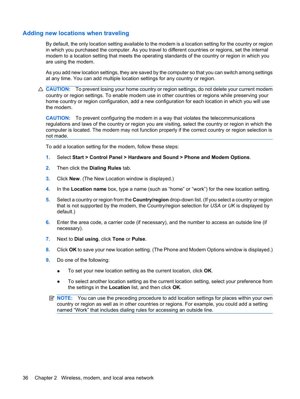 Adding new locations when traveling | HP ProBook 6555b Notebook-PC User Manual | Page 46 / 176