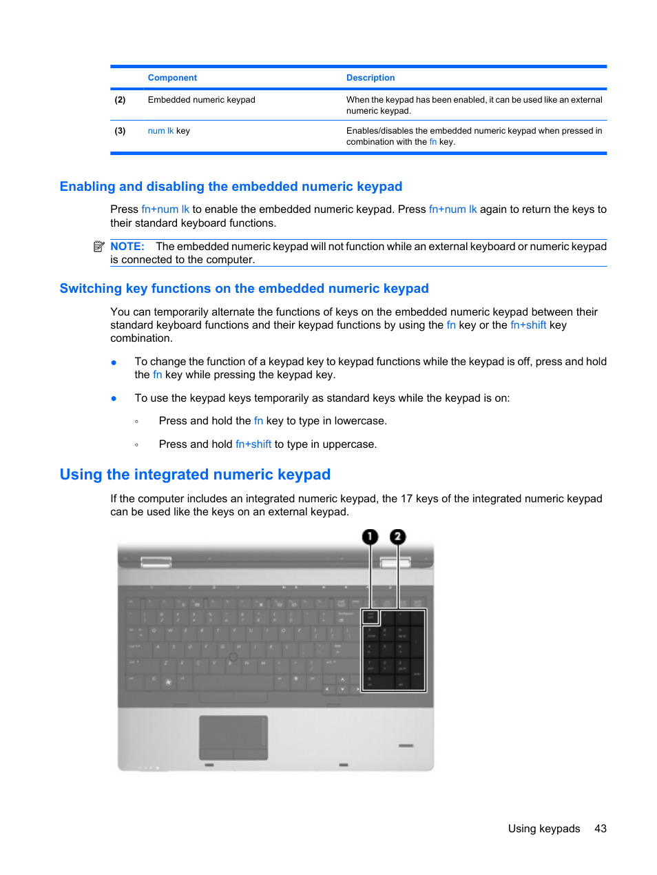 Enabling and disabling the embedded numeric keypad, Using the integrated numeric keypad | HP ProBook 6555b Notebook-PC User Manual | Page 53 / 176