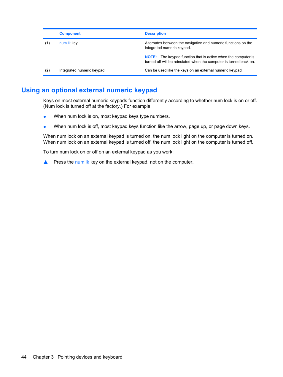Using an optional external numeric keypad | HP ProBook 6555b Notebook-PC User Manual | Page 54 / 176