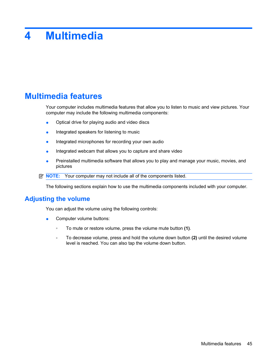Multimedia, Multimedia features, Adjusting the volume | 4 multimedia, 4multimedia | HP ProBook 6555b Notebook-PC User Manual | Page 55 / 176
