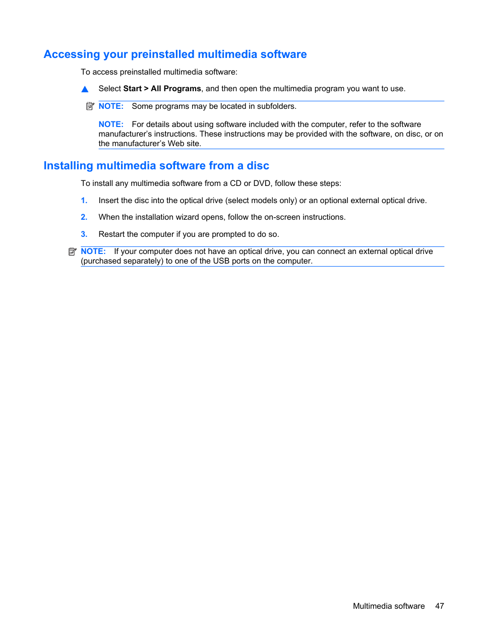 Accessing your preinstalled multimedia software, Installing multimedia software from a disc | HP ProBook 6555b Notebook-PC User Manual | Page 57 / 176