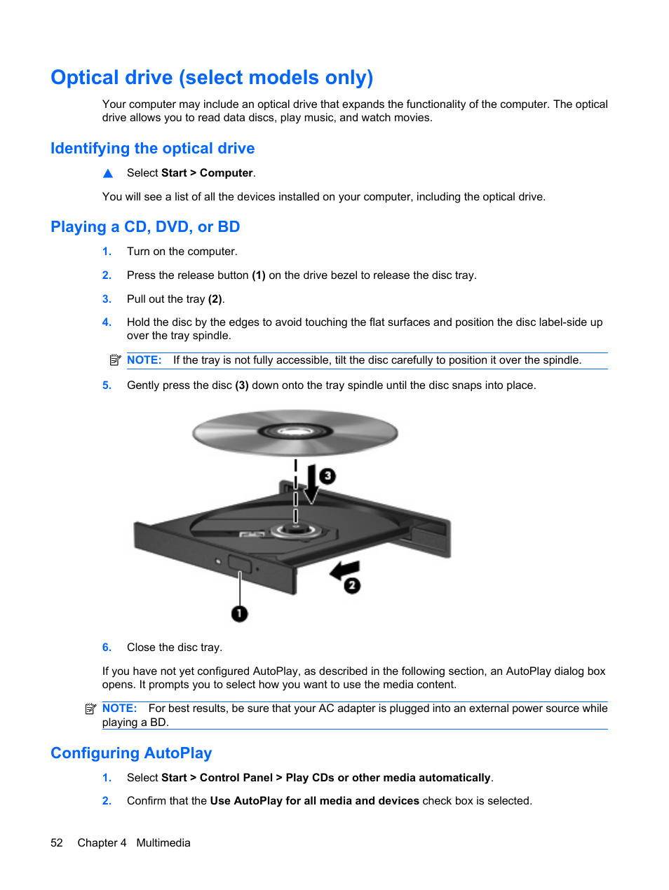 Optical drive (select models only), Identifying the optical drive, Playing a cd, dvd, or bd | Configuring autoplay | HP ProBook 6555b Notebook-PC User Manual | Page 62 / 176