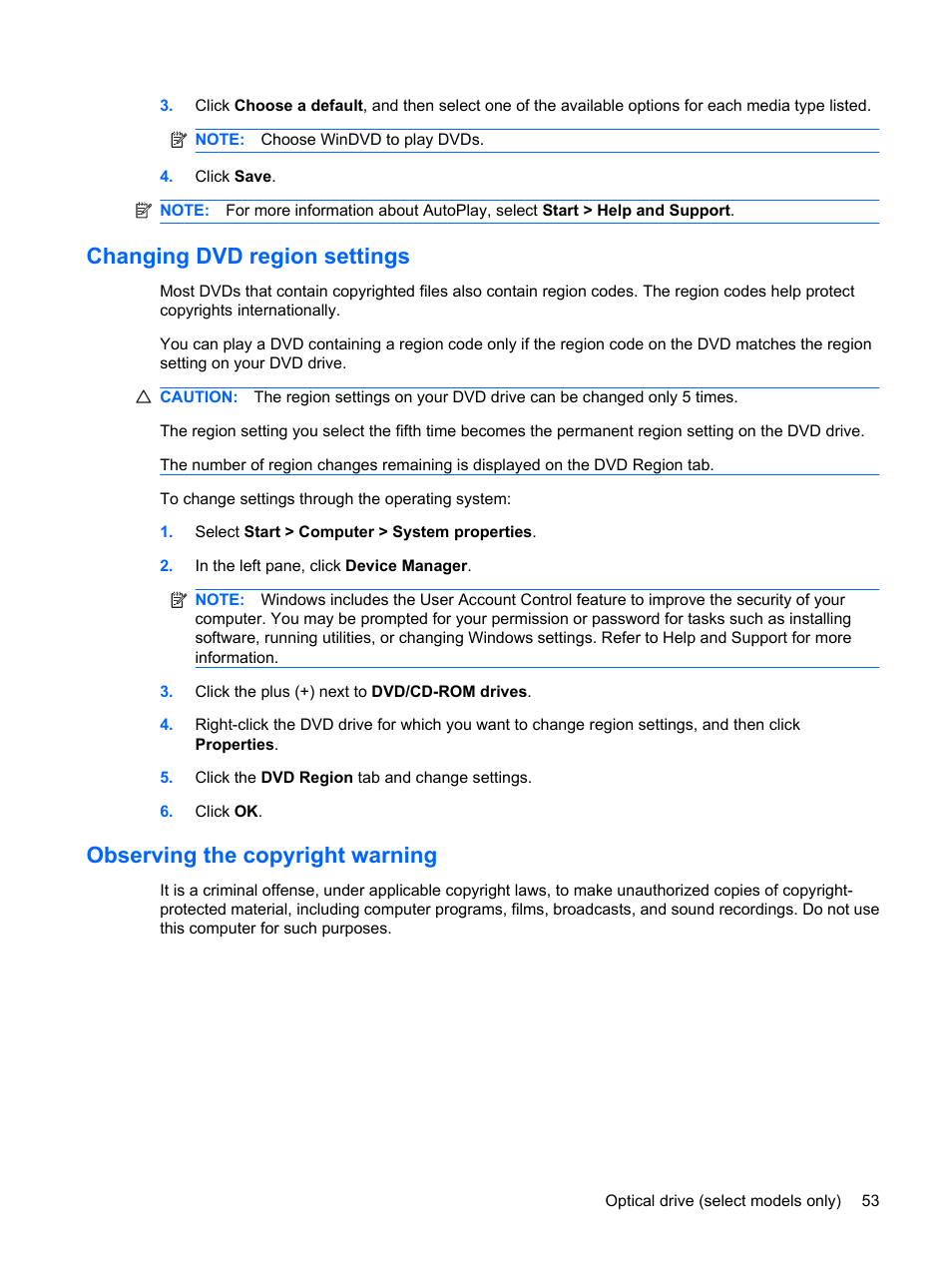 Changing dvd region settings, Observing the copyright warning | HP ProBook 6555b Notebook-PC User Manual | Page 63 / 176