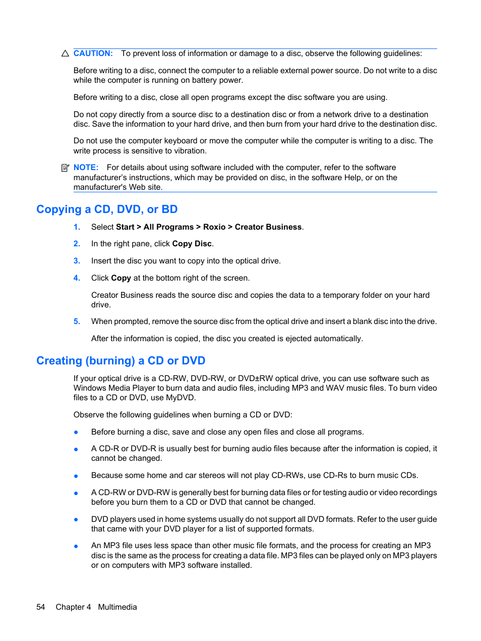 Copying a cd, dvd, or bd, Creating (burning) a cd or dvd | HP ProBook 6555b Notebook-PC User Manual | Page 64 / 176