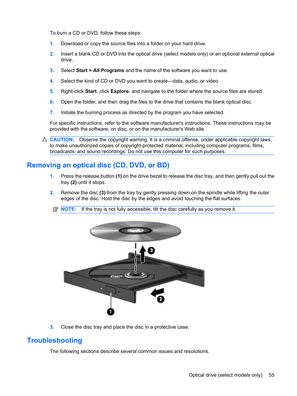 Removing an optical disc (cd, dvd, or bd), Troubleshooting | HP ProBook 6555b Notebook-PC User Manual | Page 65 / 176