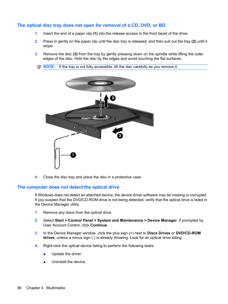 The computer does not detect the optical drive | HP ProBook 6555b Notebook-PC User Manual | Page 66 / 176