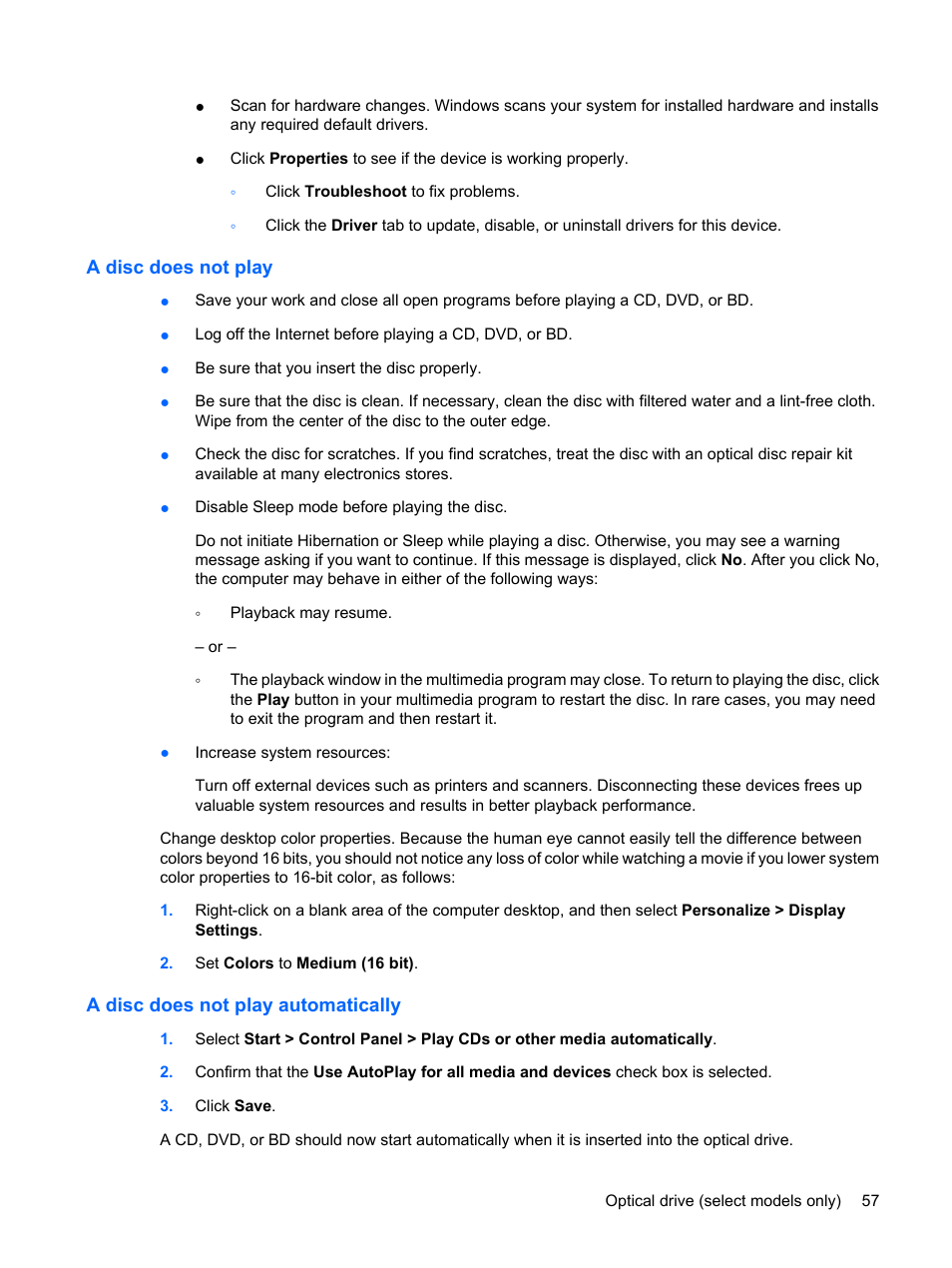 A disc does not play, A disc does not play automatically | HP ProBook 6555b Notebook-PC User Manual | Page 67 / 176