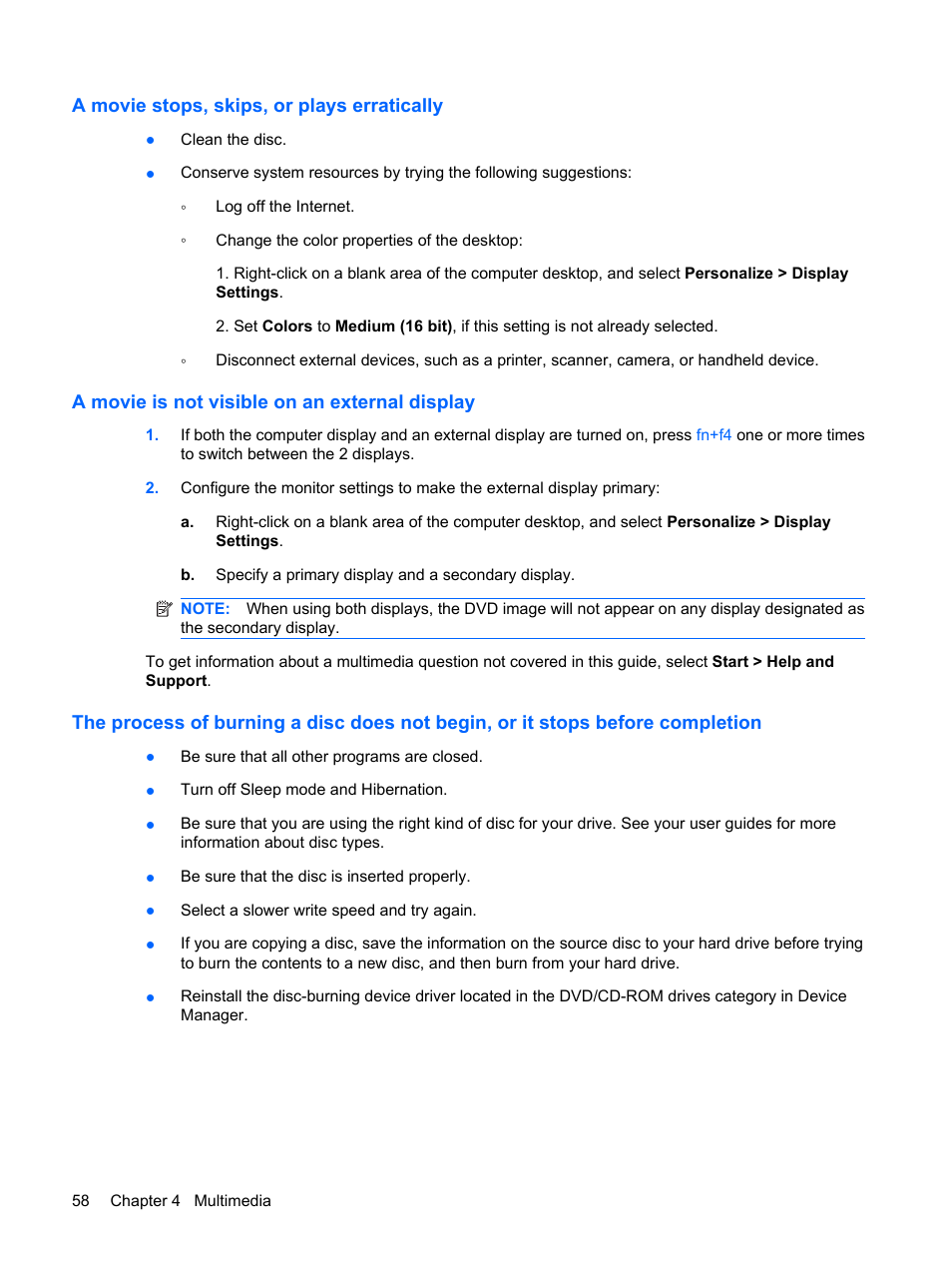 A movie stops, skips, or plays erratically, A movie is not visible on an external display | HP ProBook 6555b Notebook-PC User Manual | Page 68 / 176