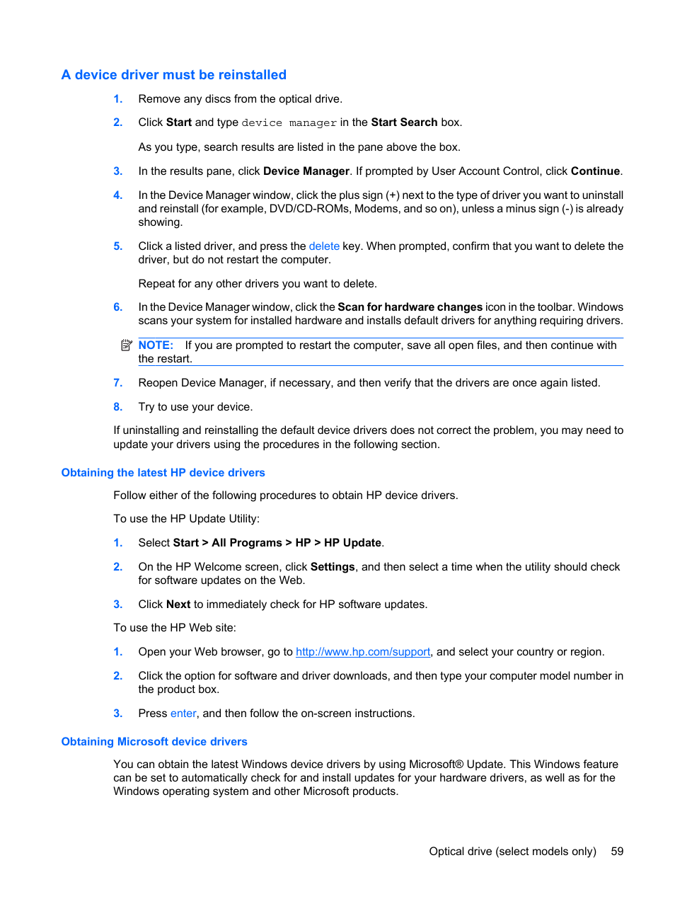 A device driver must be reinstalled, Obtaining the latest hp device drivers, Obtaining microsoft device drivers | HP ProBook 6555b Notebook-PC User Manual | Page 69 / 176