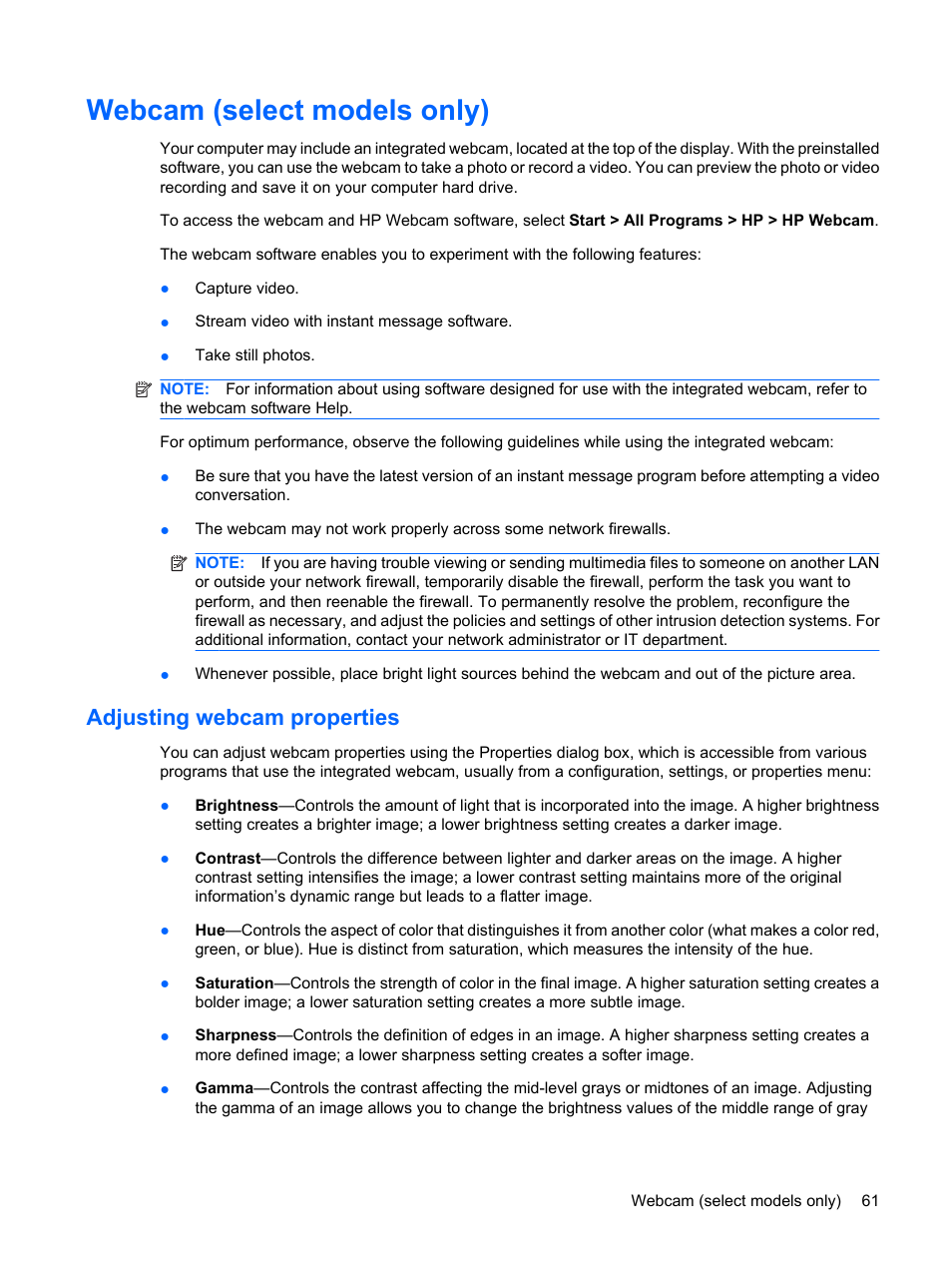 Webcam (select models only), Adjusting webcam properties | HP ProBook 6555b Notebook-PC User Manual | Page 71 / 176