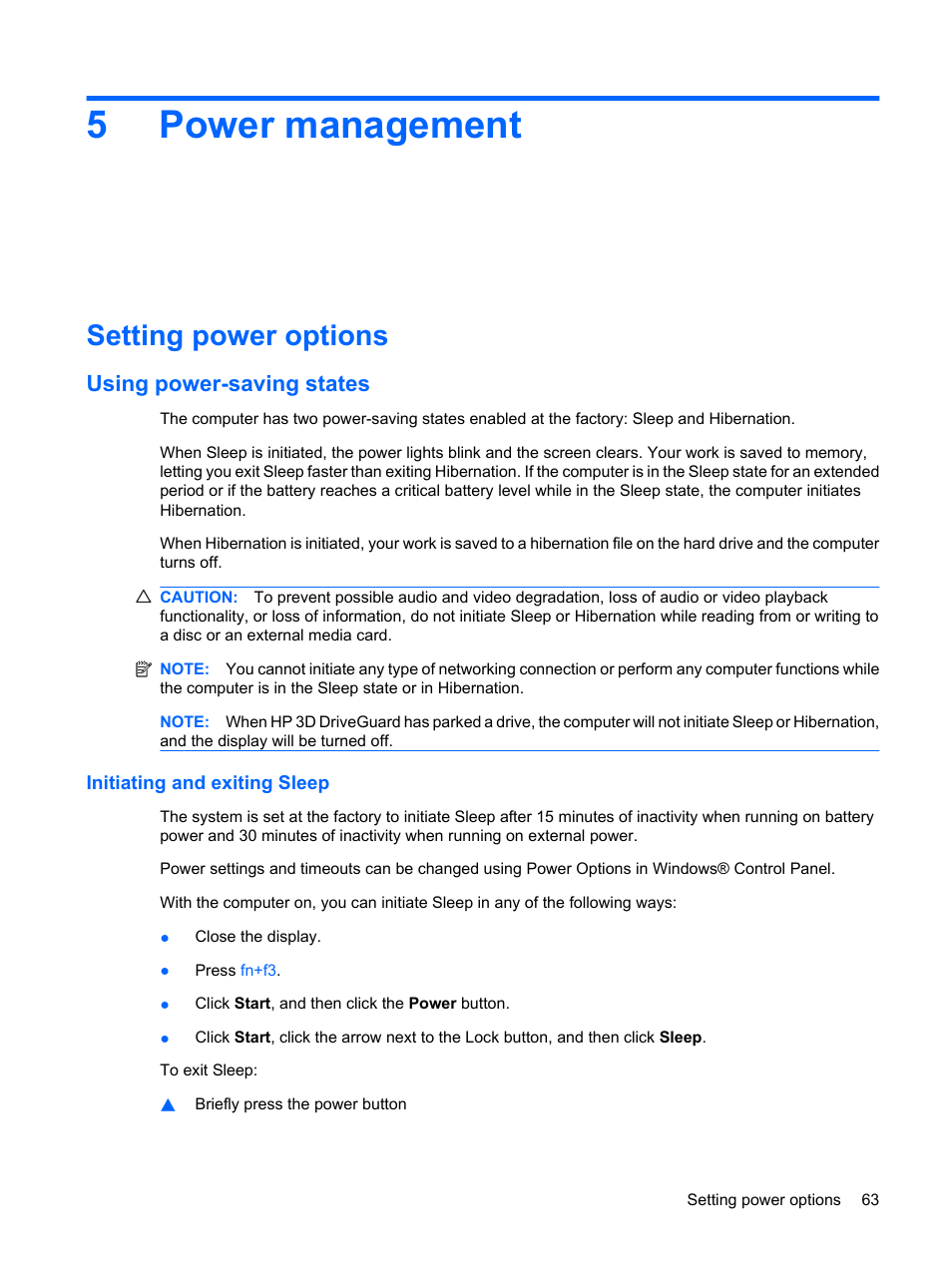 Power management, Setting power options, Using power-saving states | Initiating and exiting sleep, 5 power management, 5power management | HP ProBook 6555b Notebook-PC User Manual | Page 73 / 176