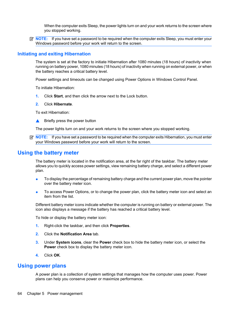 Initiating and exiting hibernation, Using the battery meter, Using power plans | Using the battery meter using power plans | HP ProBook 6555b Notebook-PC User Manual | Page 74 / 176