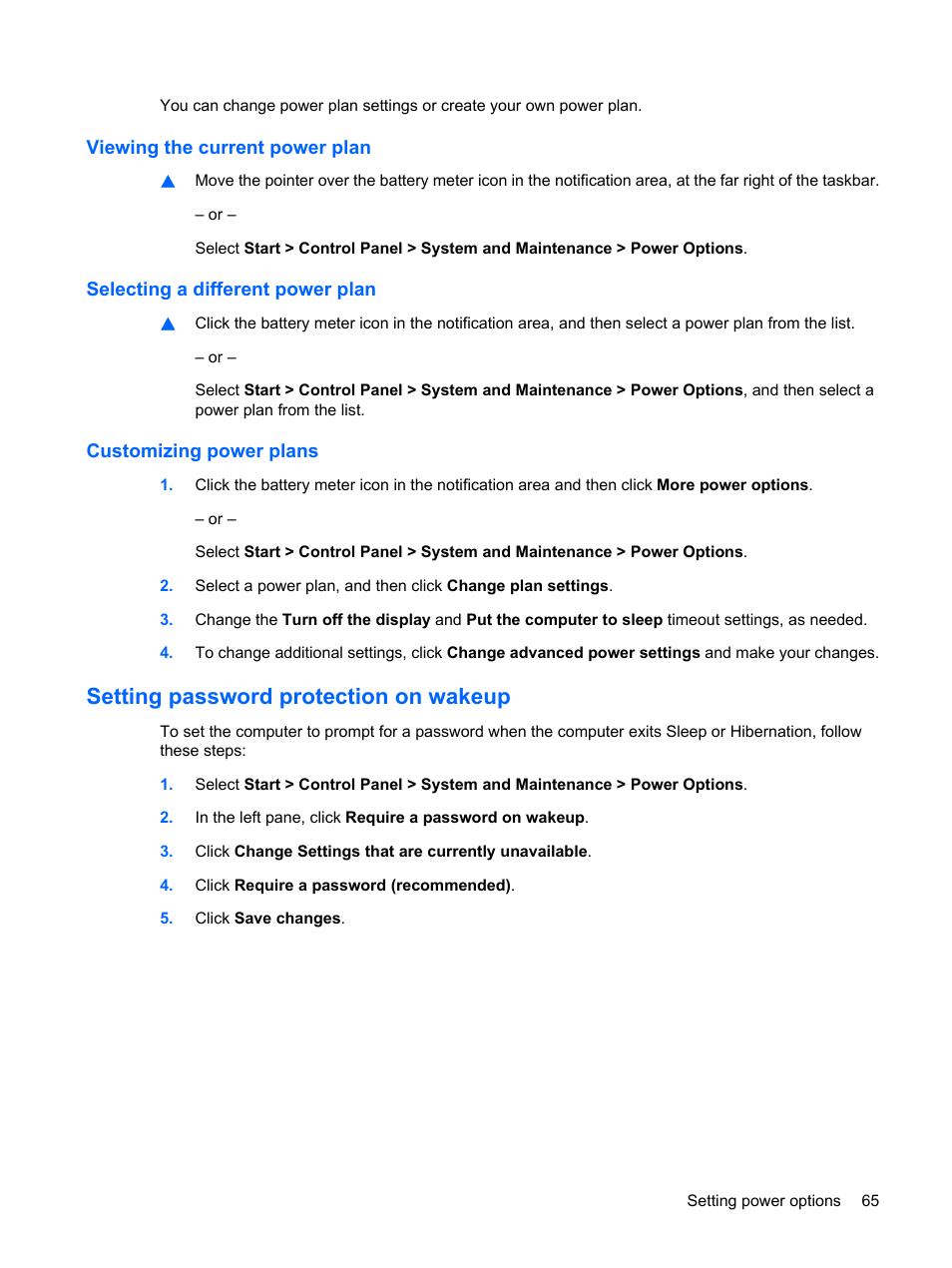 Viewing the current power plan, Selecting a different power plan, Customizing power plans | Setting password protection on wakeup | HP ProBook 6555b Notebook-PC User Manual | Page 75 / 176