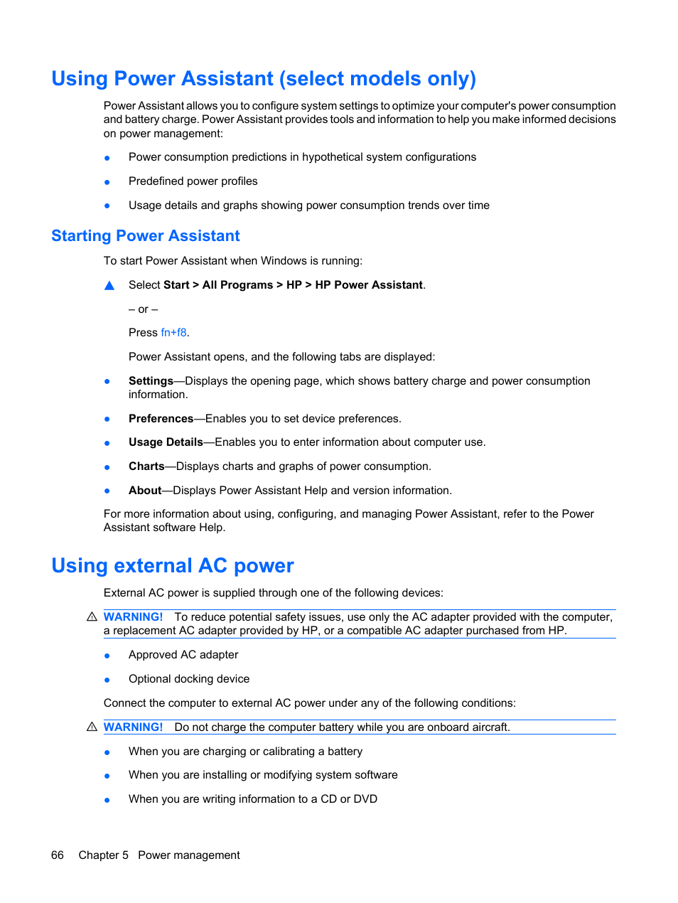 Using power assistant (select models only), Starting power assistant, Using external ac power | HP ProBook 6555b Notebook-PC User Manual | Page 76 / 176