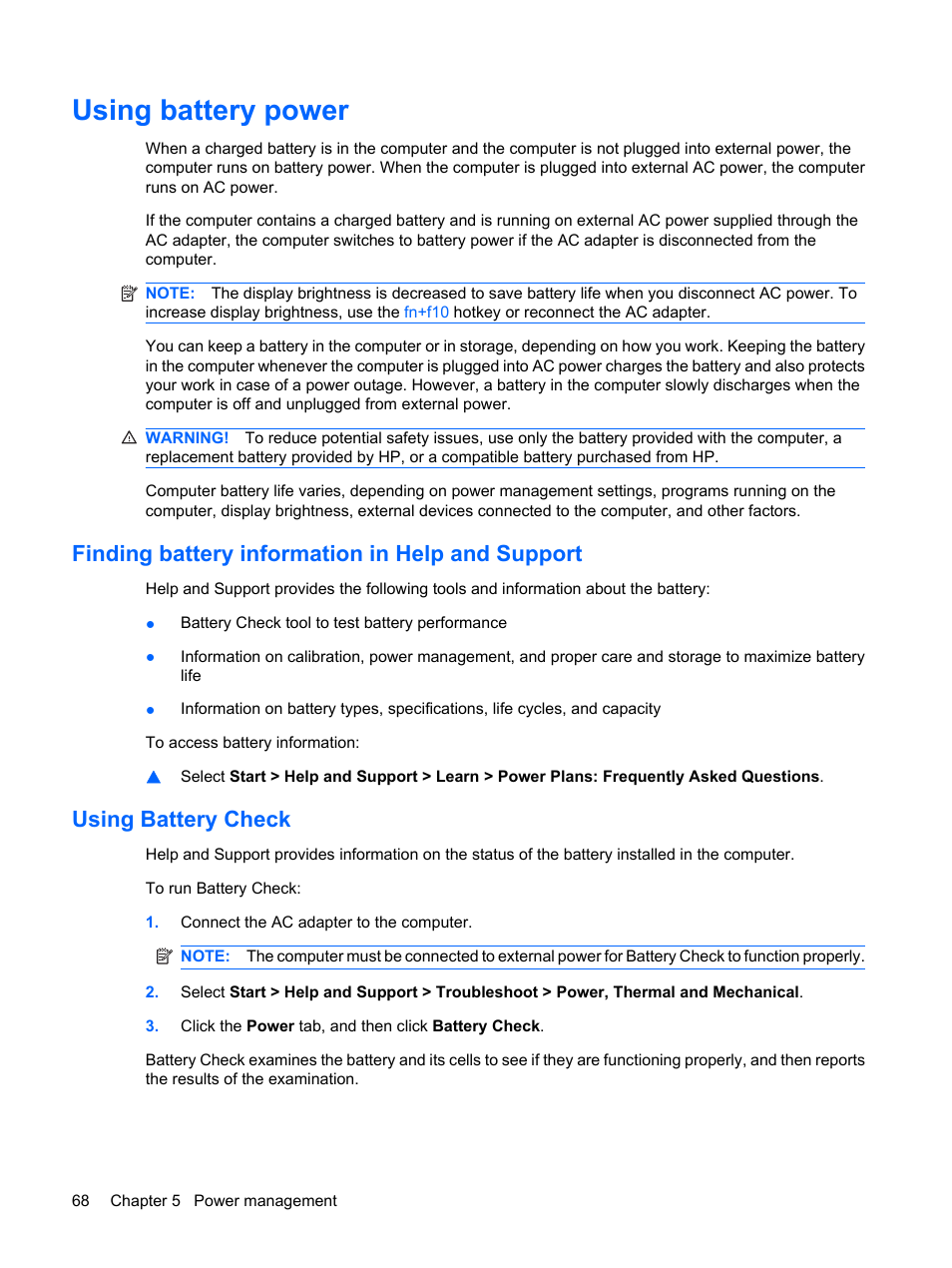 Using battery power, Finding battery information in help and support, Using battery check | HP ProBook 6555b Notebook-PC User Manual | Page 78 / 176