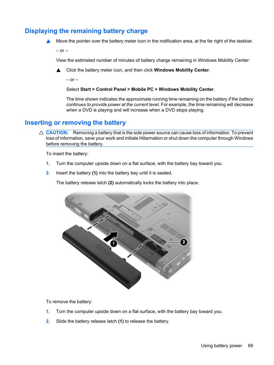 Displaying the remaining battery charge, Inserting or removing the battery | HP ProBook 6555b Notebook-PC User Manual | Page 79 / 176