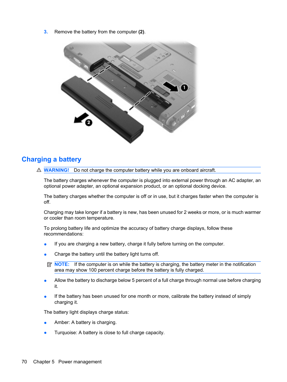 Charging a battery | HP ProBook 6555b Notebook-PC User Manual | Page 80 / 176