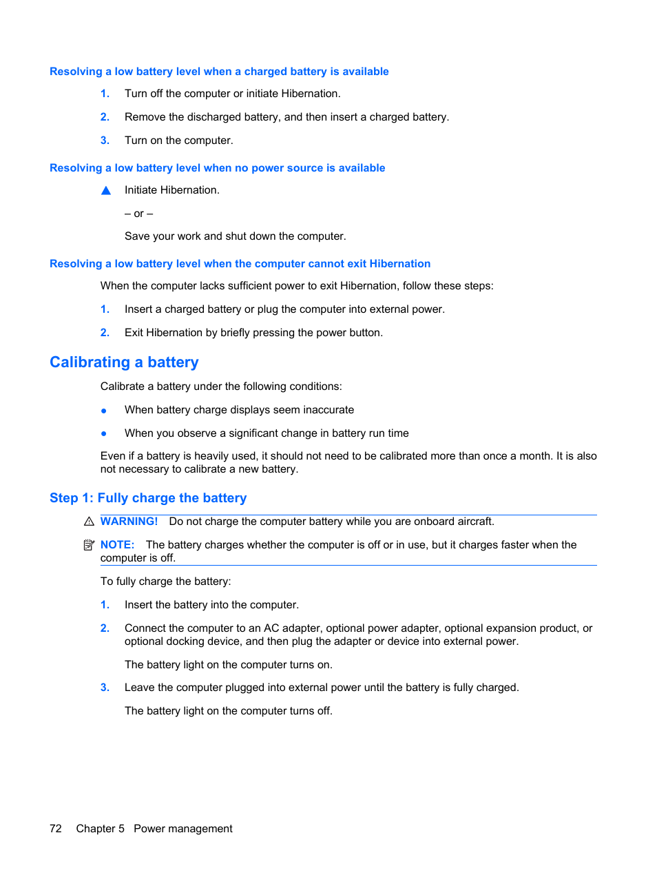 Calibrating a battery, Step 1: fully charge the battery | HP ProBook 6555b Notebook-PC User Manual | Page 82 / 176