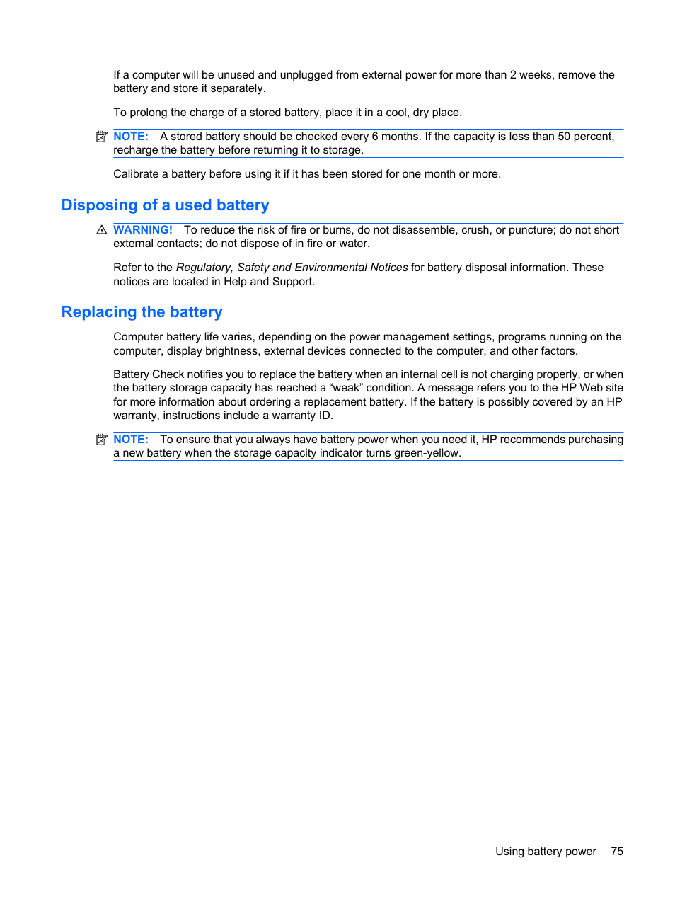 Disposing of a used battery, Replacing the battery, Disposing of a used battery replacing the battery | HP ProBook 6555b Notebook-PC User Manual | Page 85 / 176