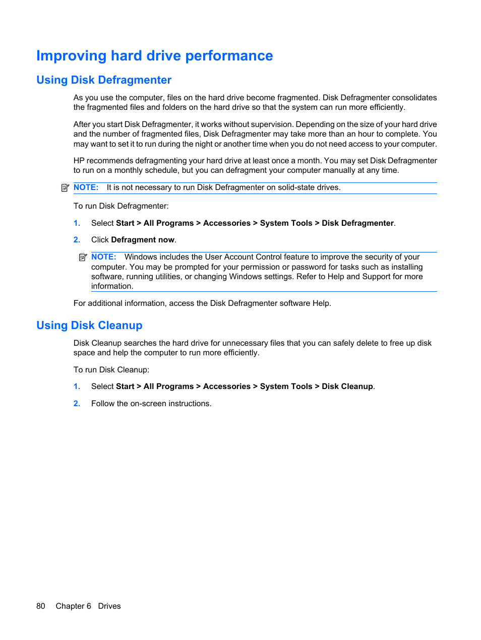 Improving hard drive performance, Using disk defragmenter, Using disk cleanup | Using disk defragmenter using disk cleanup | HP ProBook 6555b Notebook-PC User Manual | Page 90 / 176