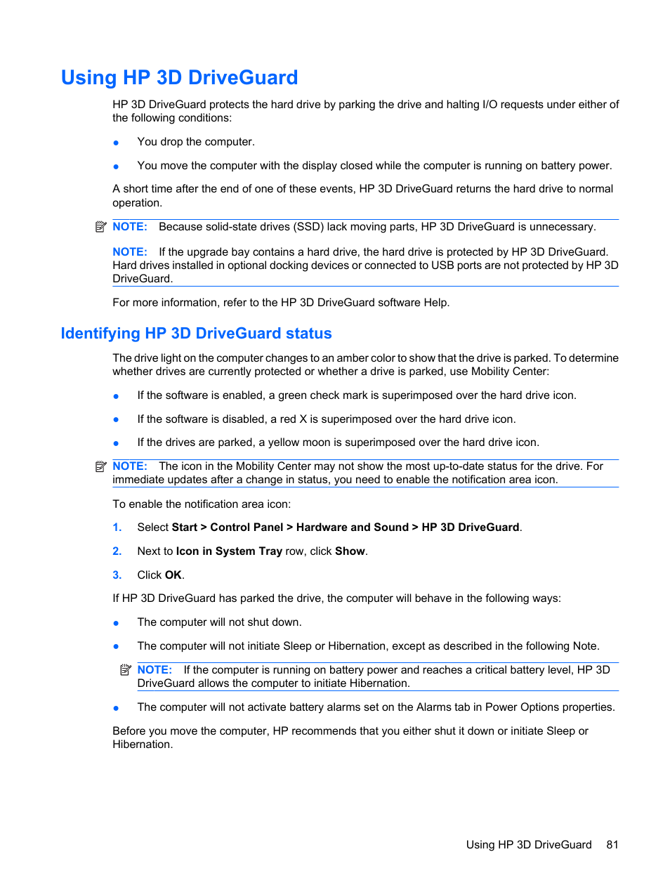 Using hp 3d driveguard, Identifying hp 3d driveguard status | HP ProBook 6555b Notebook-PC User Manual | Page 91 / 176