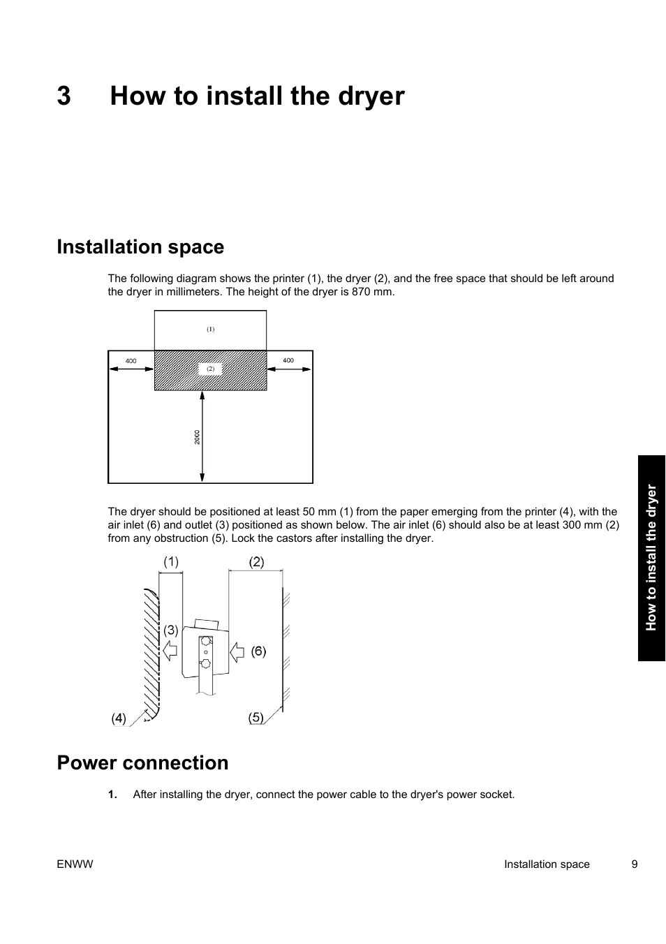 3how to install the dryer, Installation space, Power connection | HP Designjet 10000s Printer series User Manual | Page 13 / 34