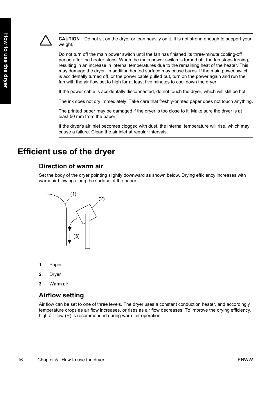 Efficient use of the dryer, Direction of warm air, Airflow setting | HP Designjet 10000s Printer series User Manual | Page 20 / 34