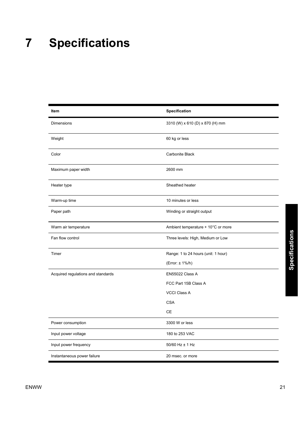 7specifications, Specifications | HP Designjet 10000s Printer series User Manual | Page 25 / 34
