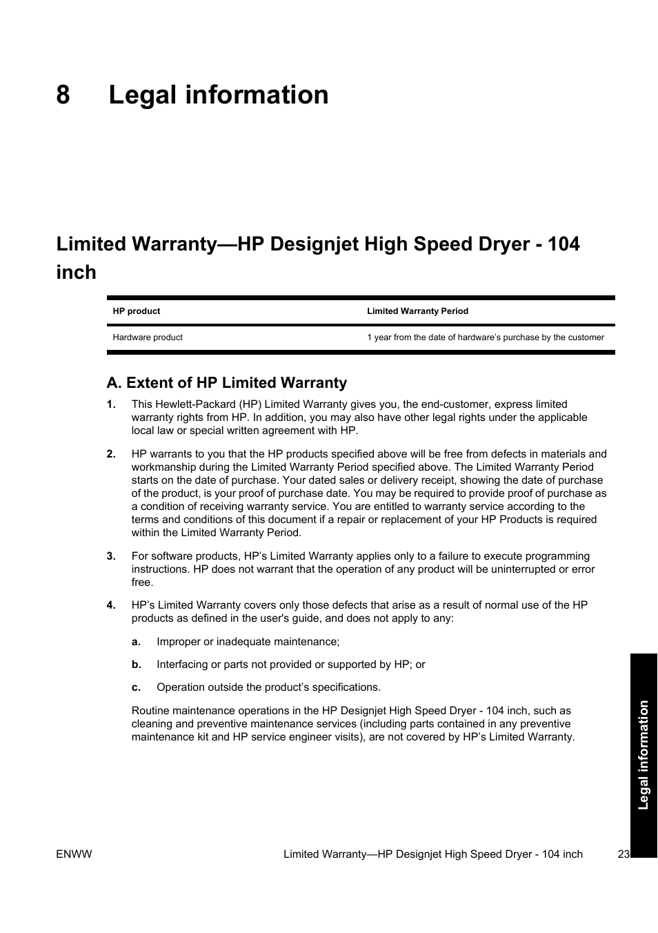 8legal information, A. extent of hp limited warranty | HP Designjet 10000s Printer series User Manual | Page 27 / 34