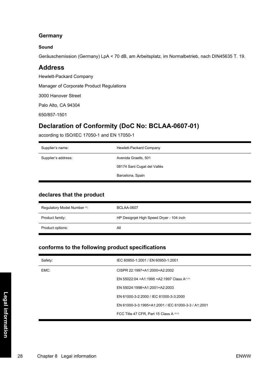 Address, Germany, Declares that the product | Conforms to the following product specifications, Legal inf ormat ion | HP Designjet 10000s Printer series User Manual | Page 32 / 34