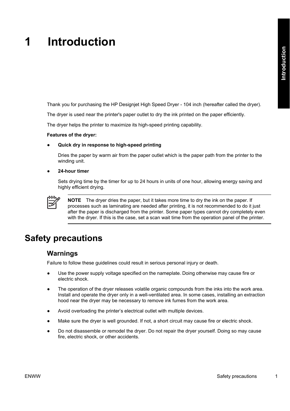 1introduction, Safety precautions, Warnings | HP Designjet 10000s Printer series User Manual | Page 5 / 34