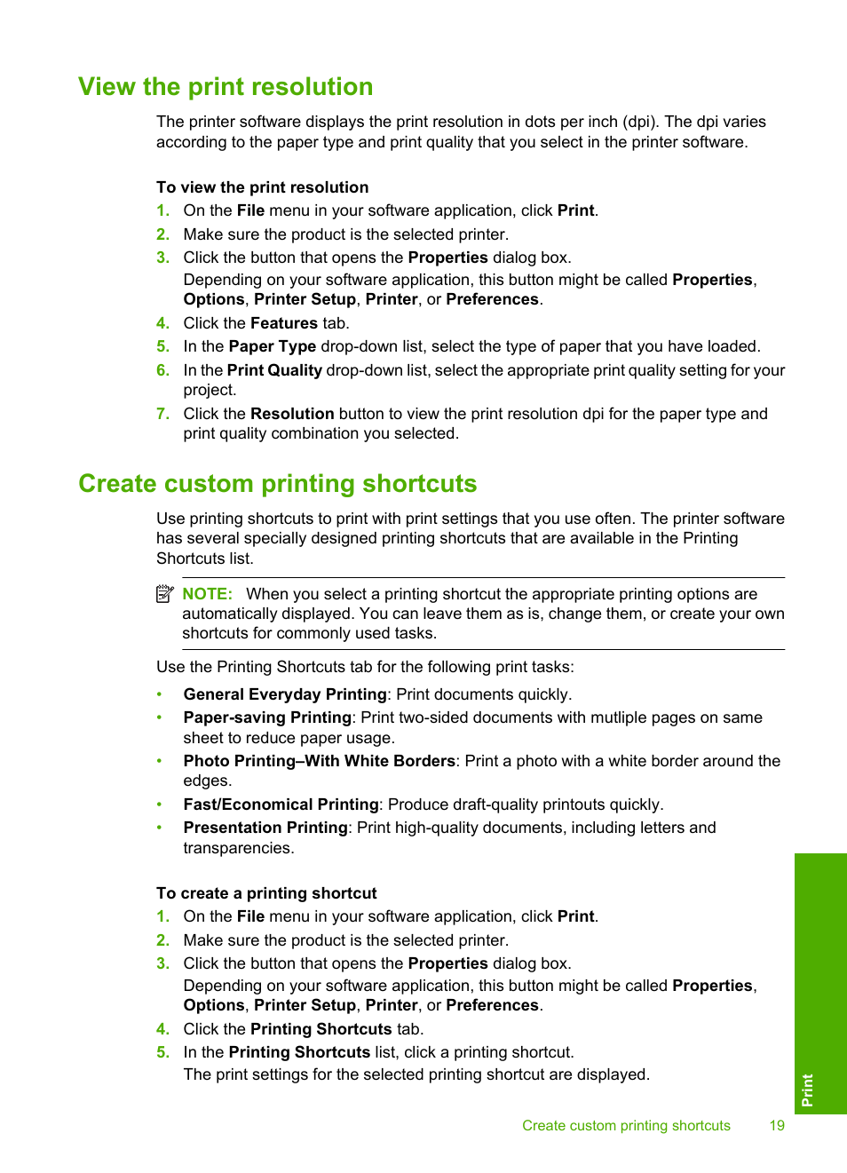 View the print resolution, Create custom printing shortcuts | HP Deskjet D1668 Printer User Manual | Page 21 / 60
