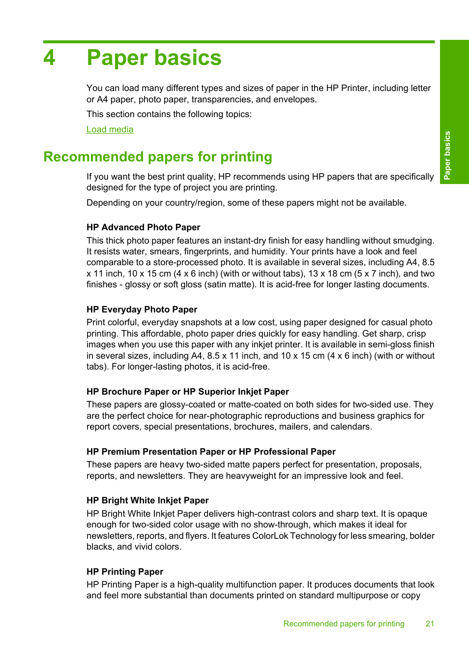 Recommended papers for printing, 4paper basics | HP Deskjet D1668 Printer User Manual | Page 23 / 60