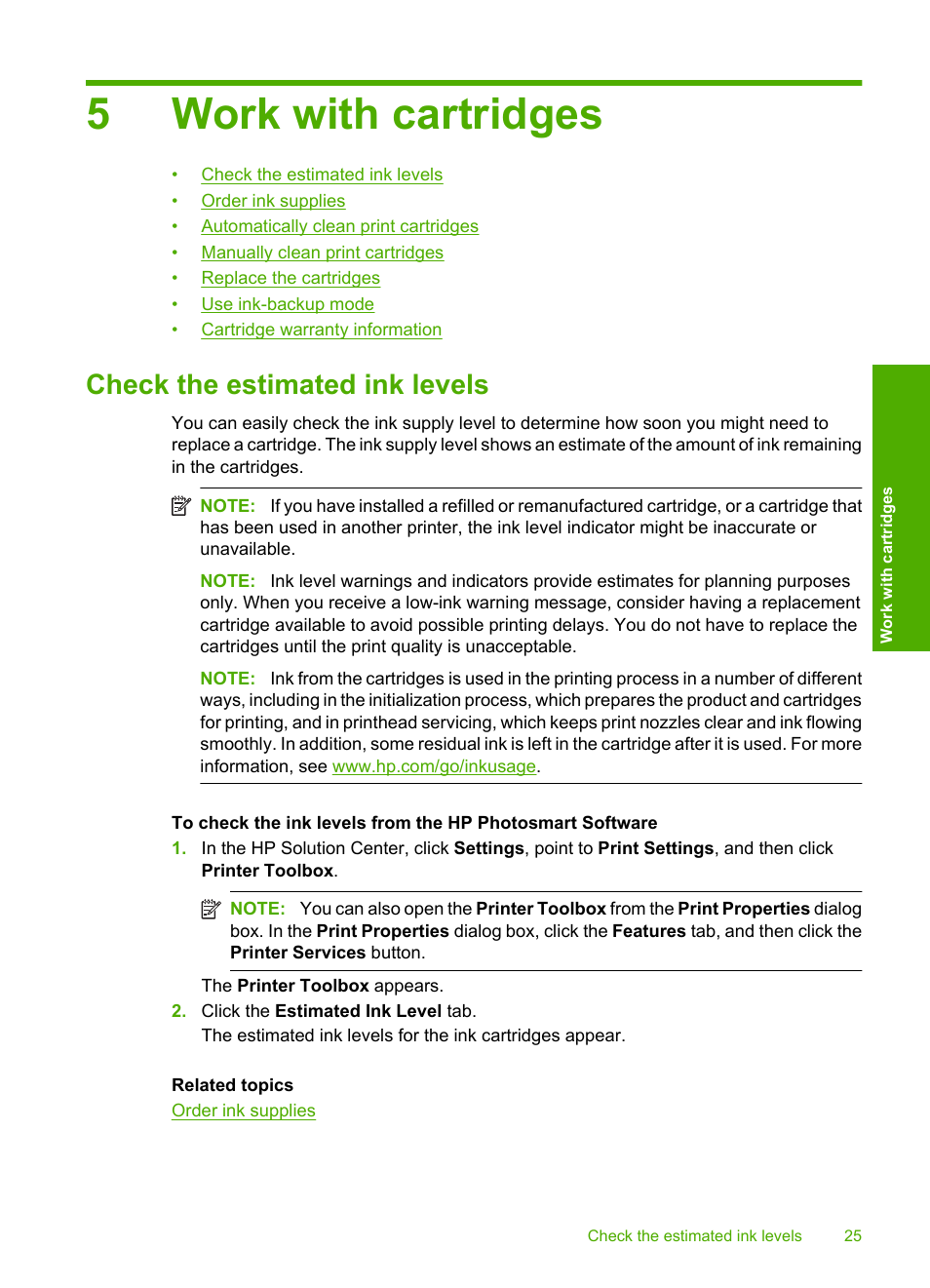 Work with cartridges, Check the estimated ink levels, 5 work with cartridges | 5work with cartridges | HP Deskjet D1668 Printer User Manual | Page 27 / 60