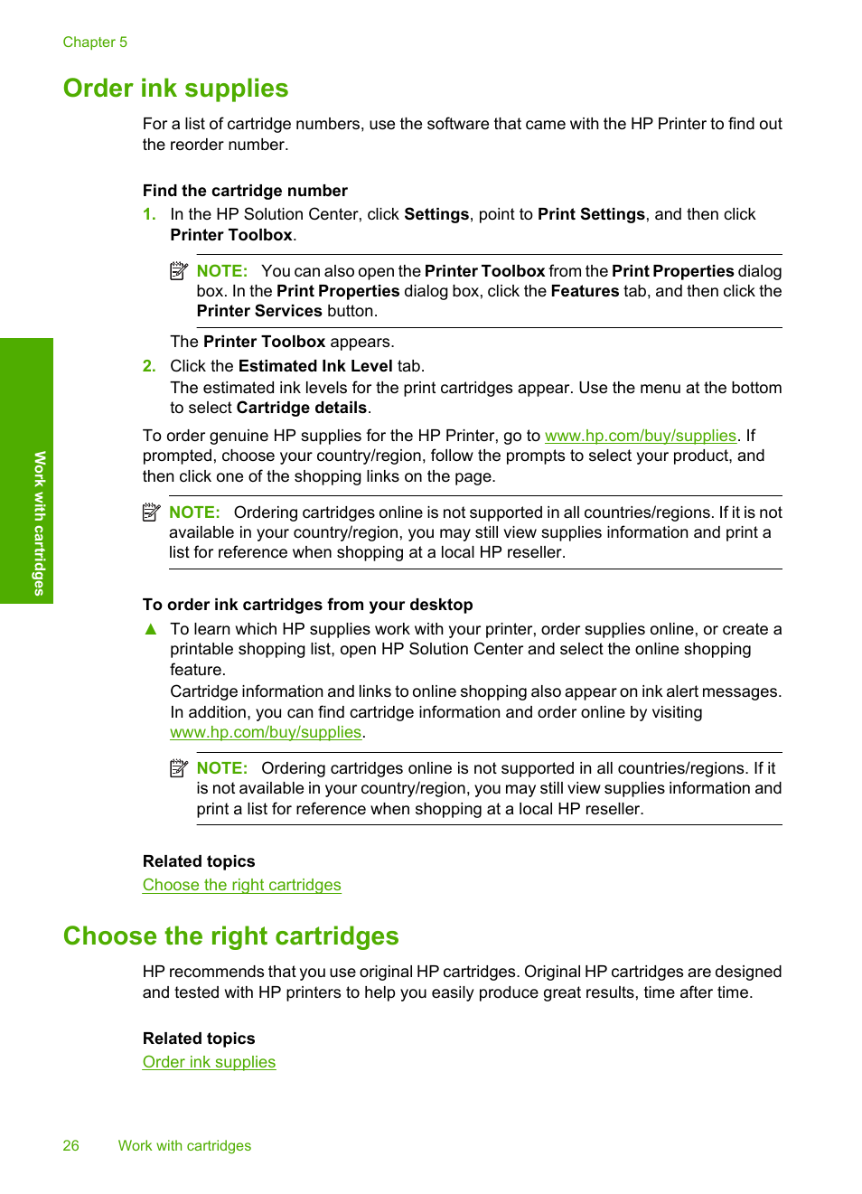 Order ink supplies, Choose the right cartridges | HP Deskjet D1668 Printer User Manual | Page 28 / 60