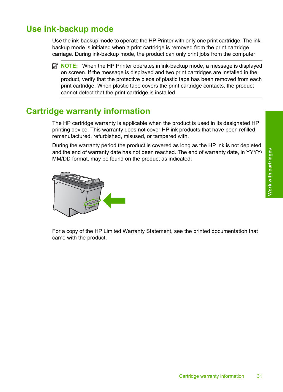 Use ink-backup mode, Cartridge warranty information, Use ink-backup mode cartridge warranty information | HP Deskjet D1668 Printer User Manual | Page 33 / 60