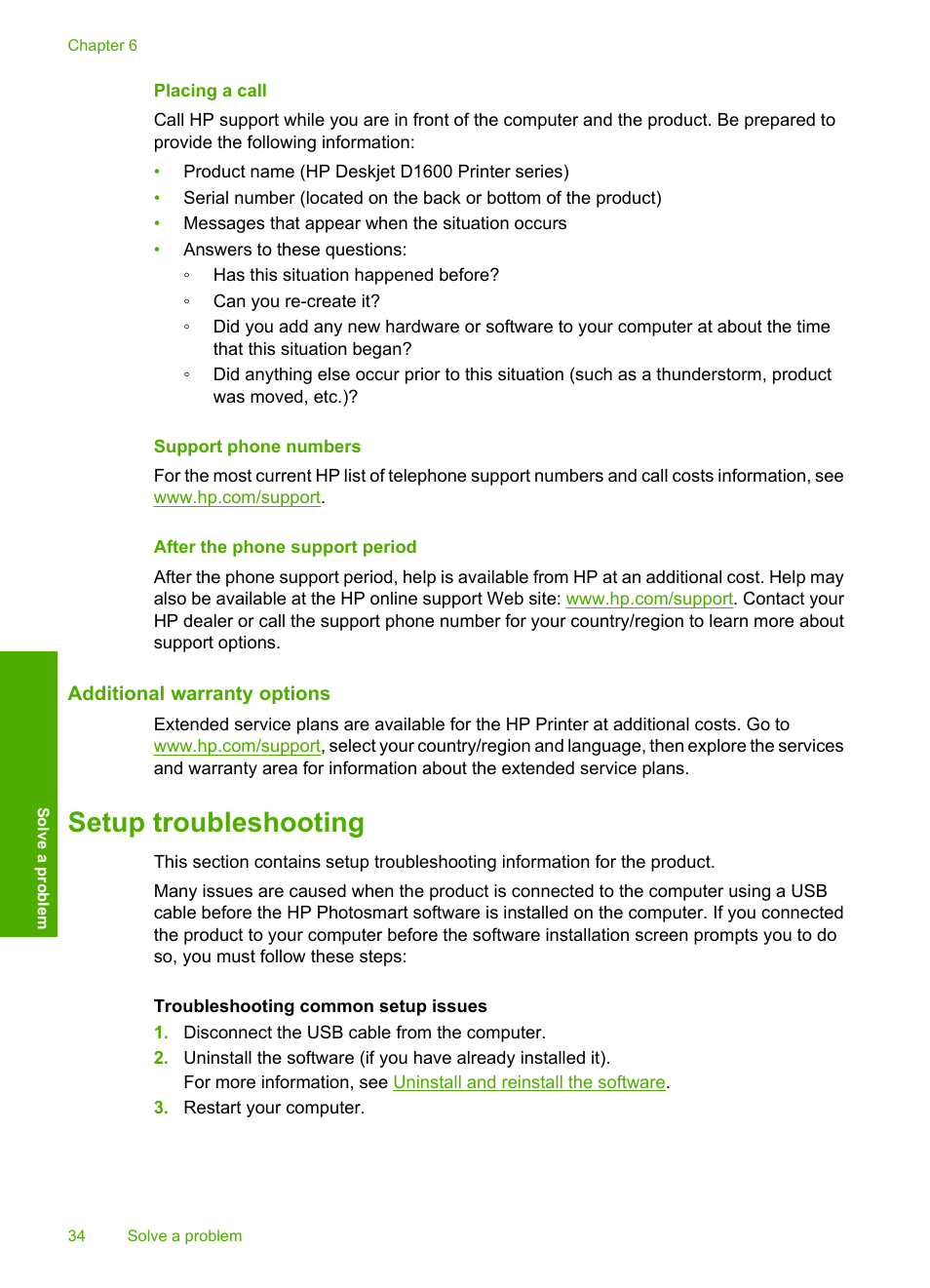 Placing a call, Support phone numbers, After the phone support period | Additional warranty options, Setup troubleshooting | HP Deskjet D1668 Printer User Manual | Page 36 / 60