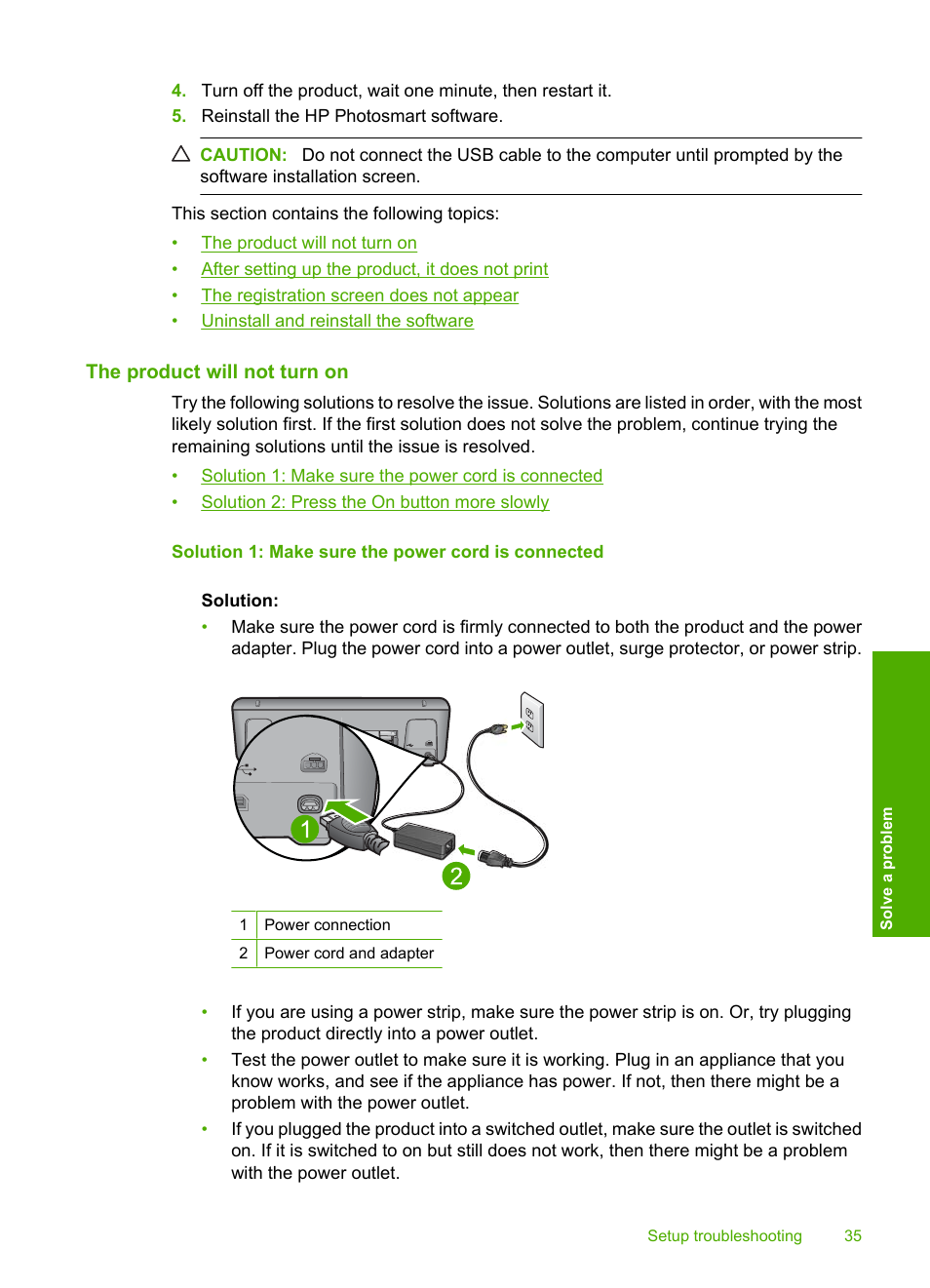 The product will not turn on | HP Deskjet D1668 Printer User Manual | Page 37 / 60