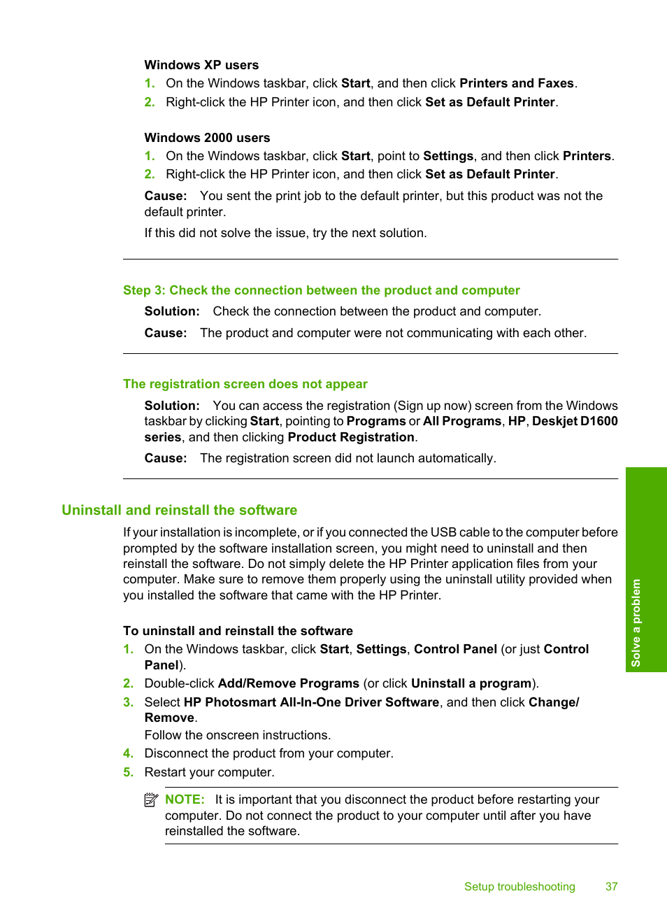 Uninstall and reinstall the software, The registration screen does not appear | HP Deskjet D1668 Printer User Manual | Page 39 / 60