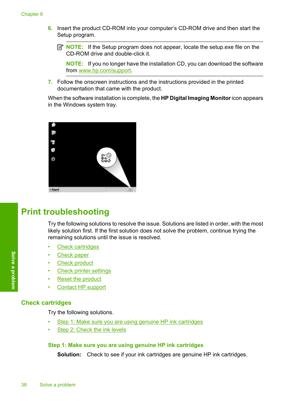 Print troubleshooting, Check cartridges | HP Deskjet D1668 Printer User Manual | Page 40 / 60