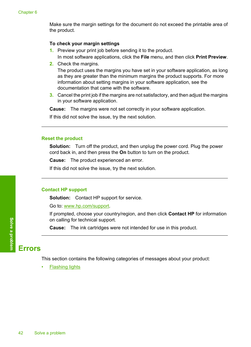 Errors, Reset the product, Contact hp support | HP Deskjet D1668 Printer User Manual | Page 44 / 60