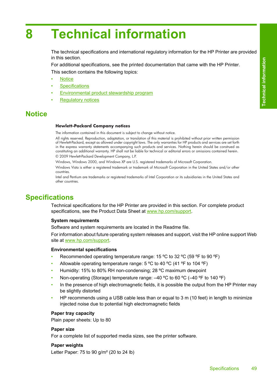 Technical information, Notice, Specifications | 8 technical information, Notice specifications, 8technical information | HP Deskjet D1668 Printer User Manual | Page 51 / 60