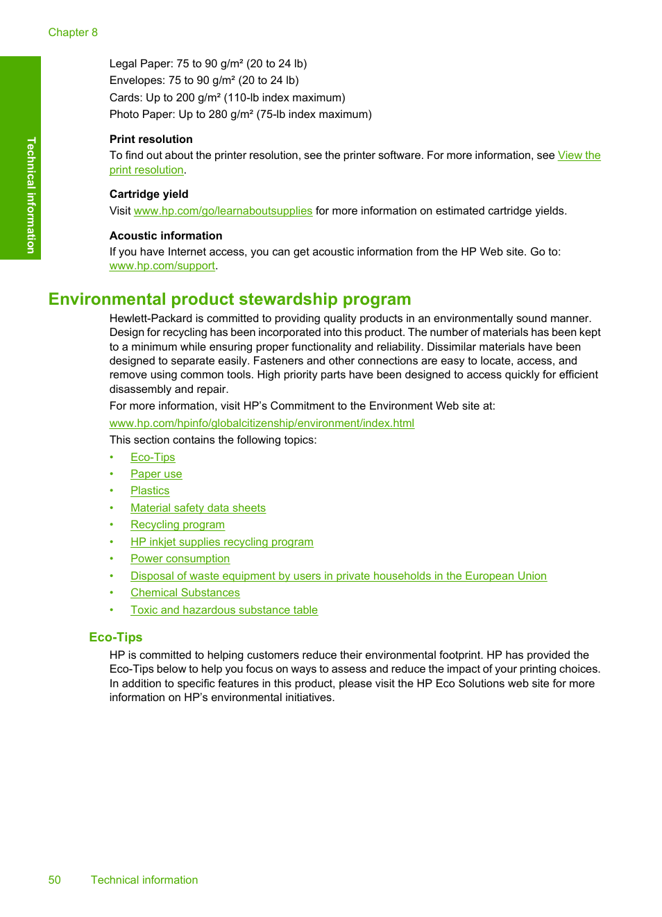Environmental product stewardship program, Eco-tips | HP Deskjet D1668 Printer User Manual | Page 52 / 60